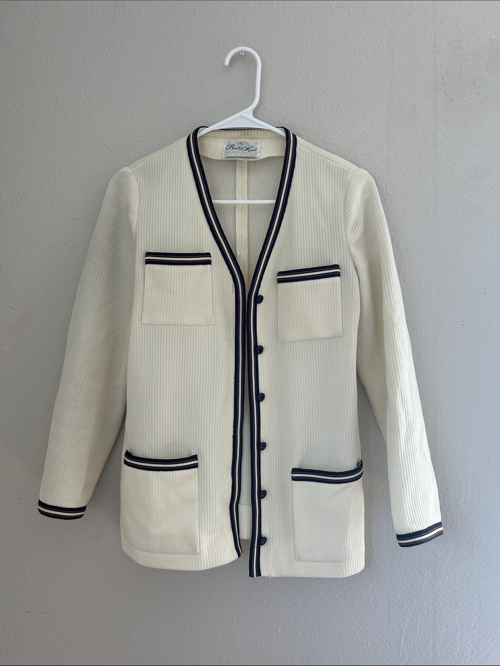 Cream Textured Blazer Jacket with Black Trim